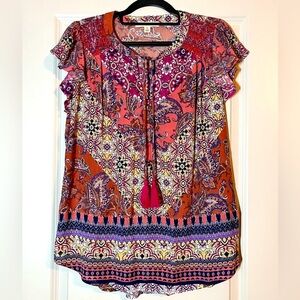 Farmers Market | Coral Paisley Boho Top Size Large